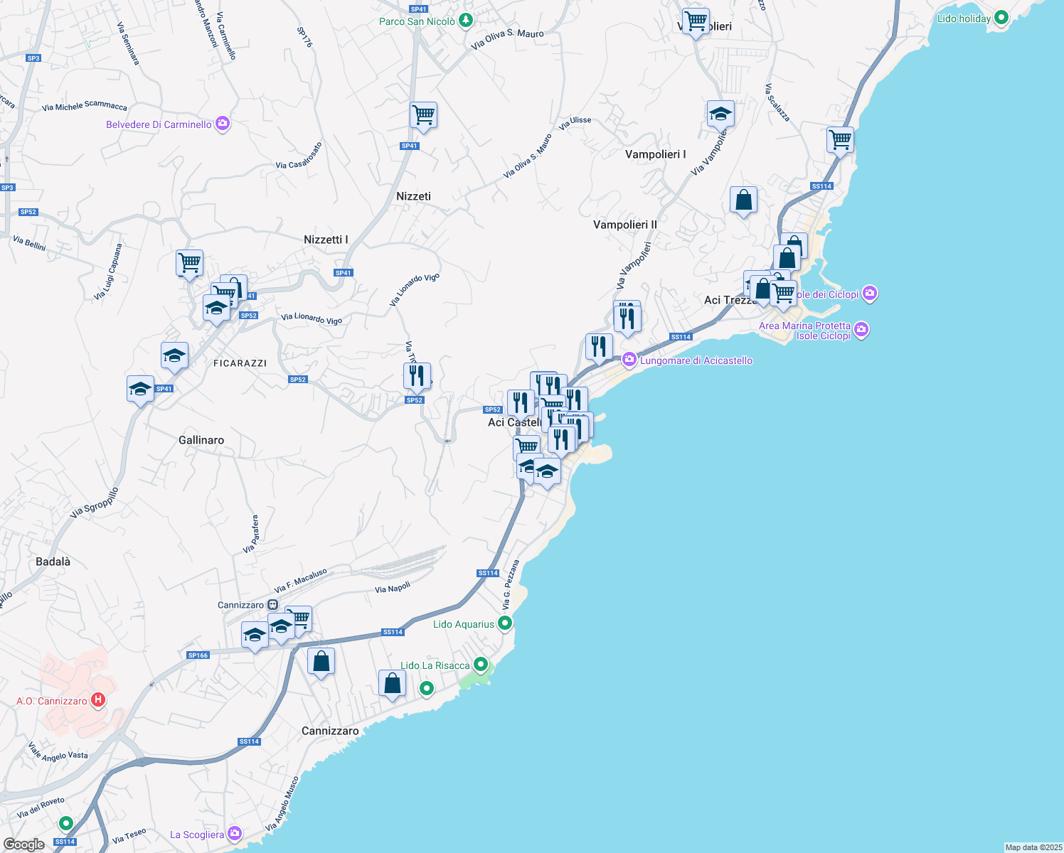 map of restaurants, bars, coffee shops, grocery stores, and more near 65 Via Dietro le Mura in Aci Castello