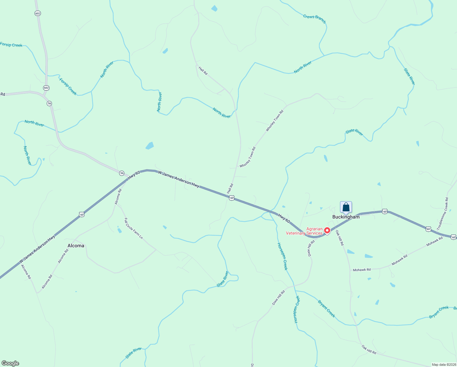 map of restaurants, bars, coffee shops, grocery stores, and more near 12097 West James Anderson Highway in Buckingham