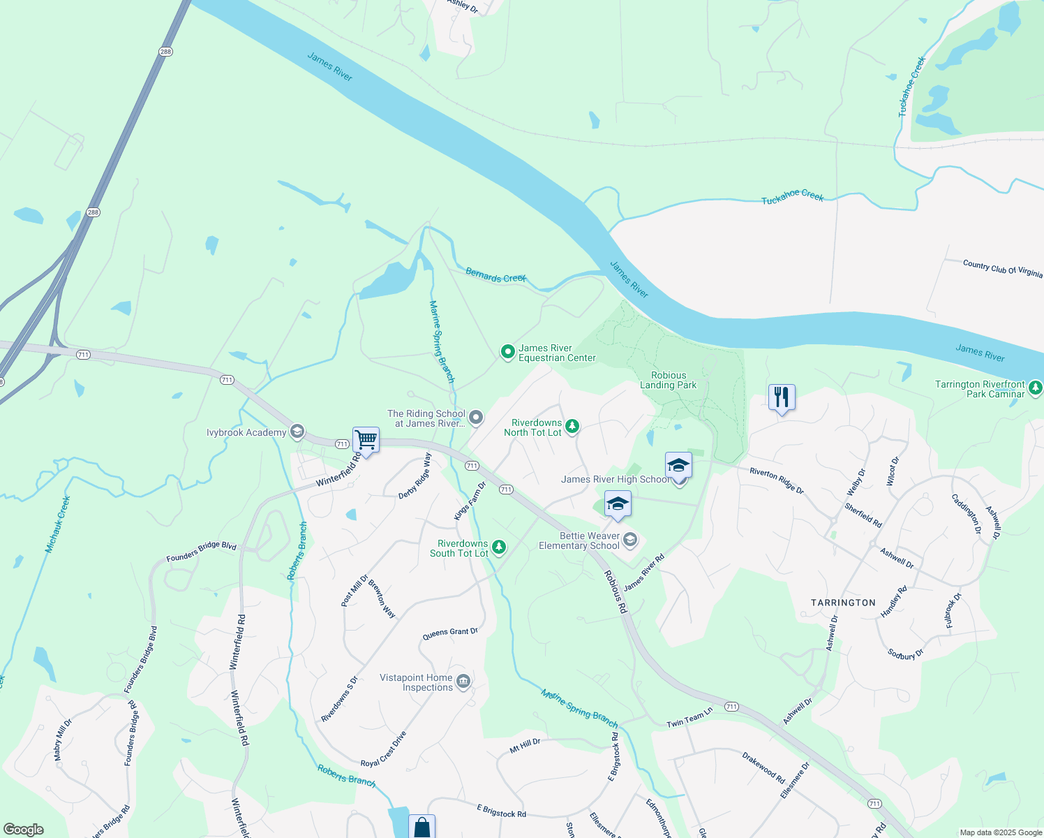 map of restaurants, bars, coffee shops, grocery stores, and more near 3712 Lenox Forest Drive in Midlothian