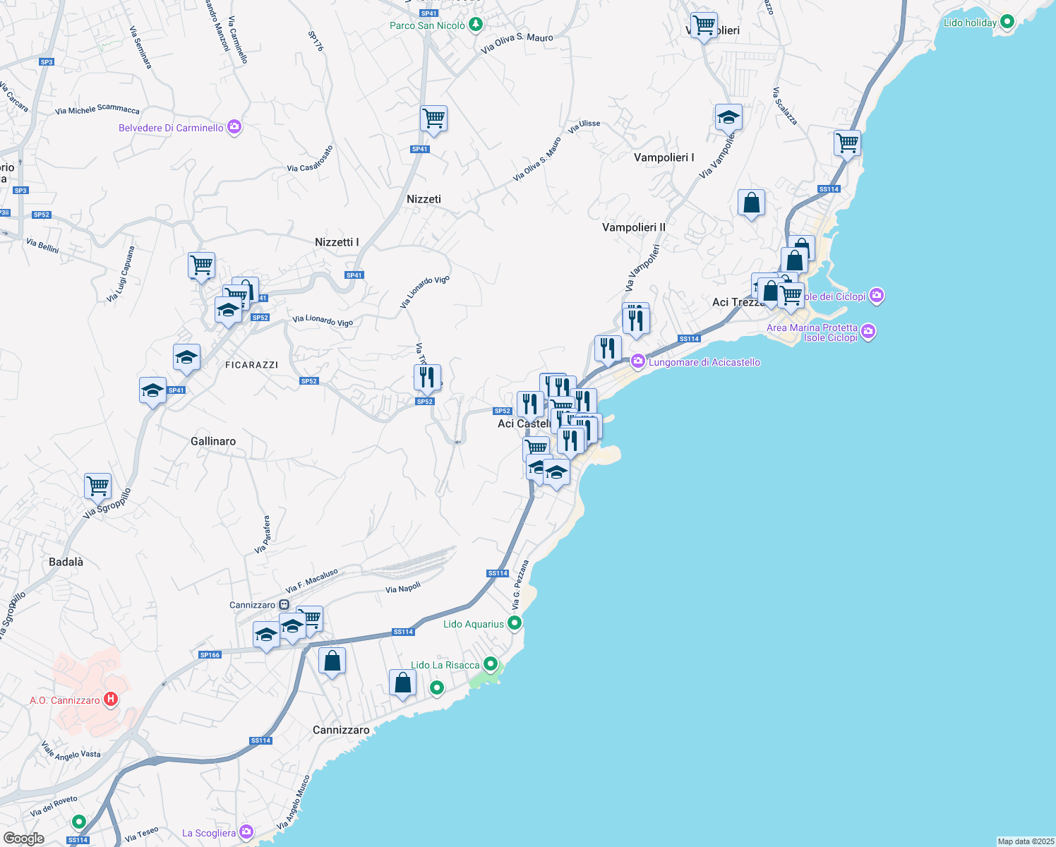 map of restaurants, bars, coffee shops, grocery stores, and more near in Aci Castello