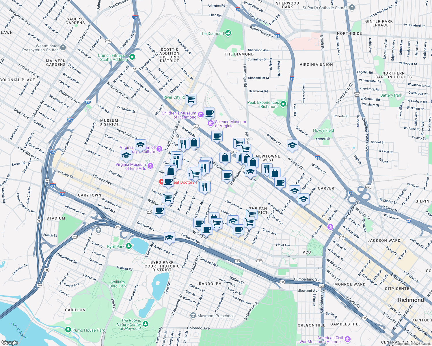 map of restaurants, bars, coffee shops, grocery stores, and more near 2208 Park Avenue in Richmond