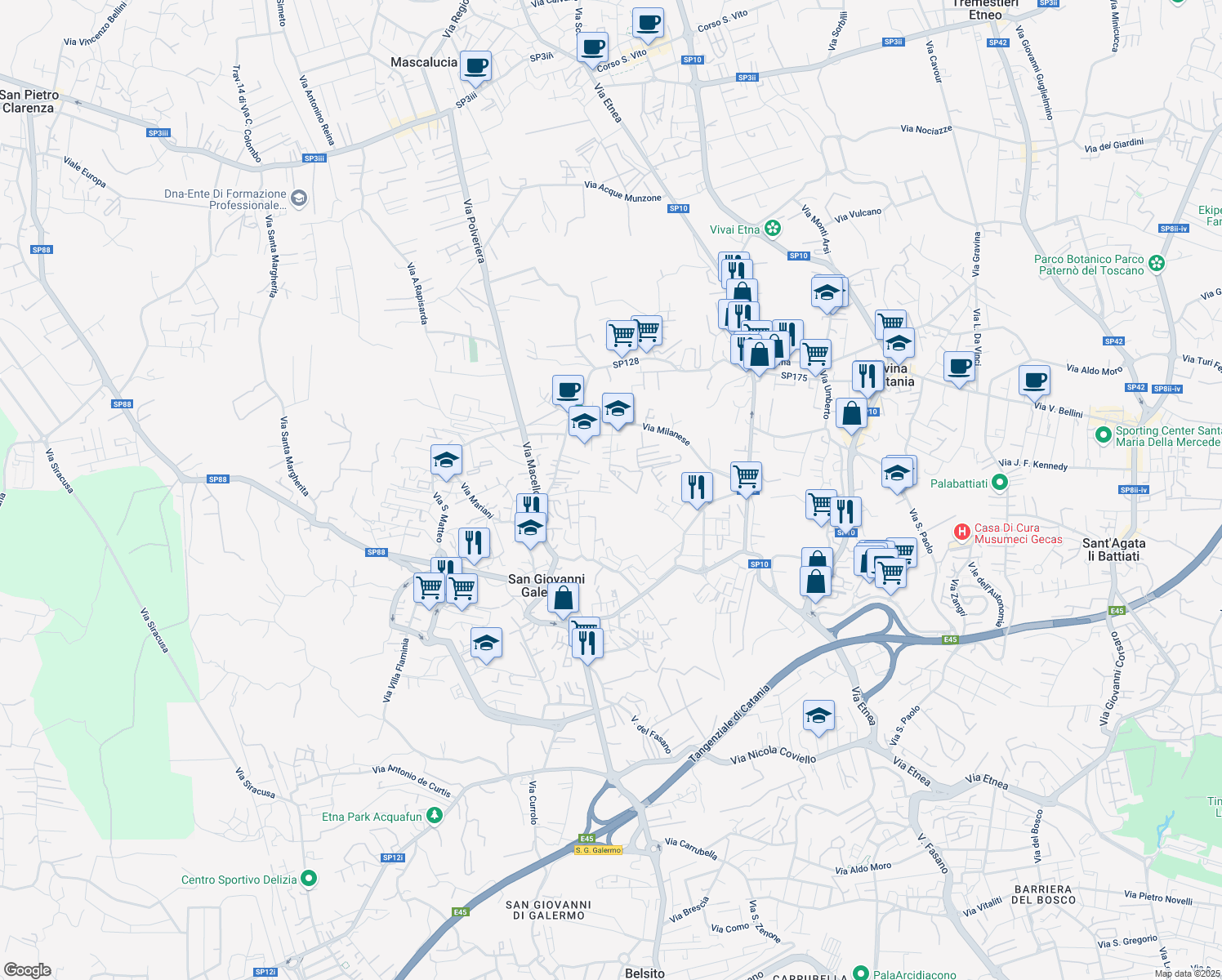 map of restaurants, bars, coffee shops, grocery stores, and more near 31 Via Galassia in Catania