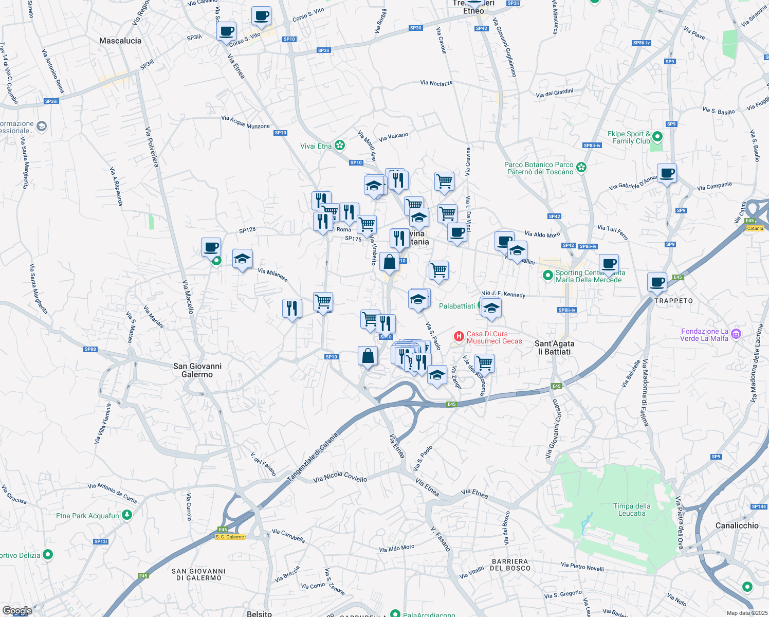 map of restaurants, bars, coffee shops, grocery stores, and more near 15 Via Giorgio Arcoleo in Gravina di Catania