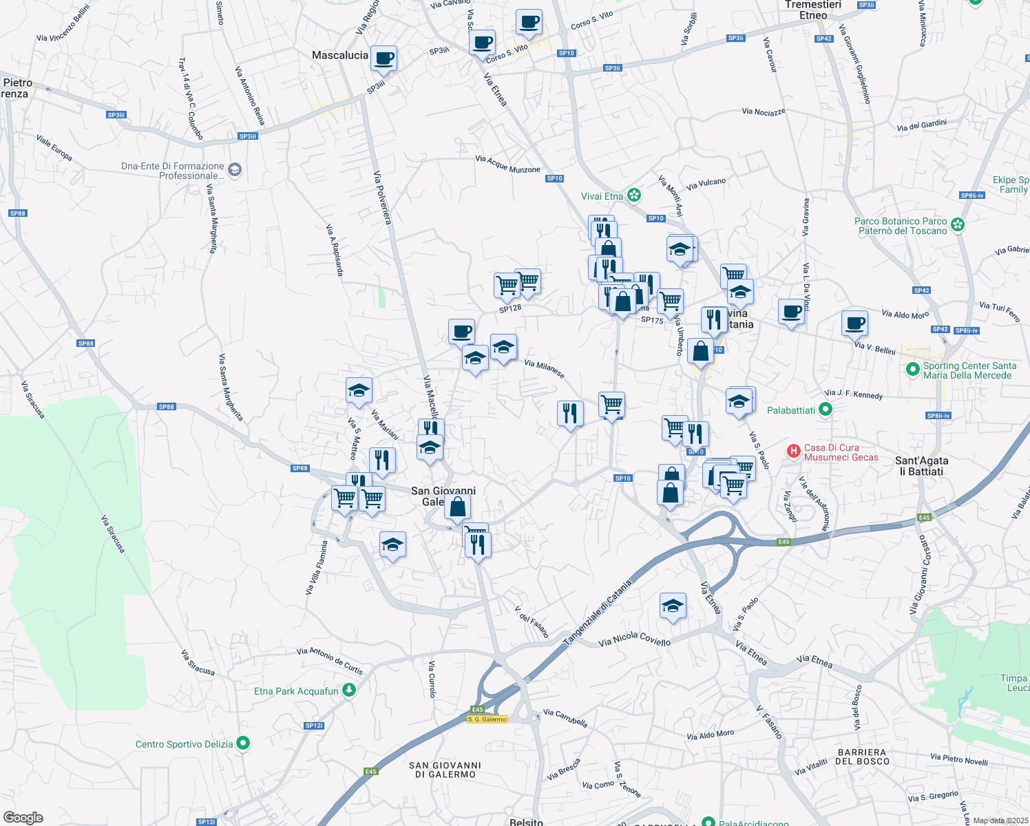 map of restaurants, bars, coffee shops, grocery stores, and more near 31 Via Galassia in Catania