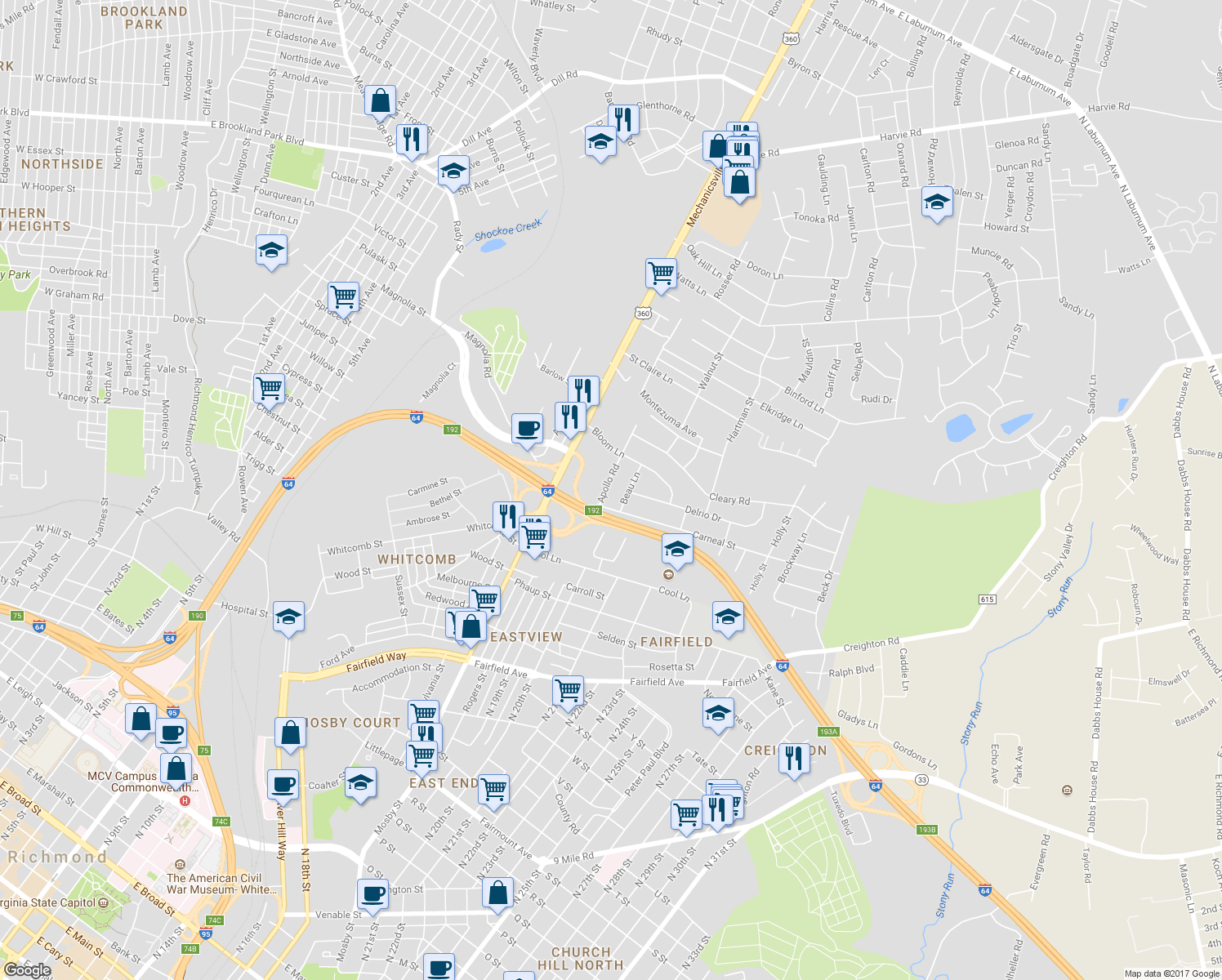 map of restaurants, bars, coffee shops, grocery stores, and more near 2207 Apollo Road in Richmond