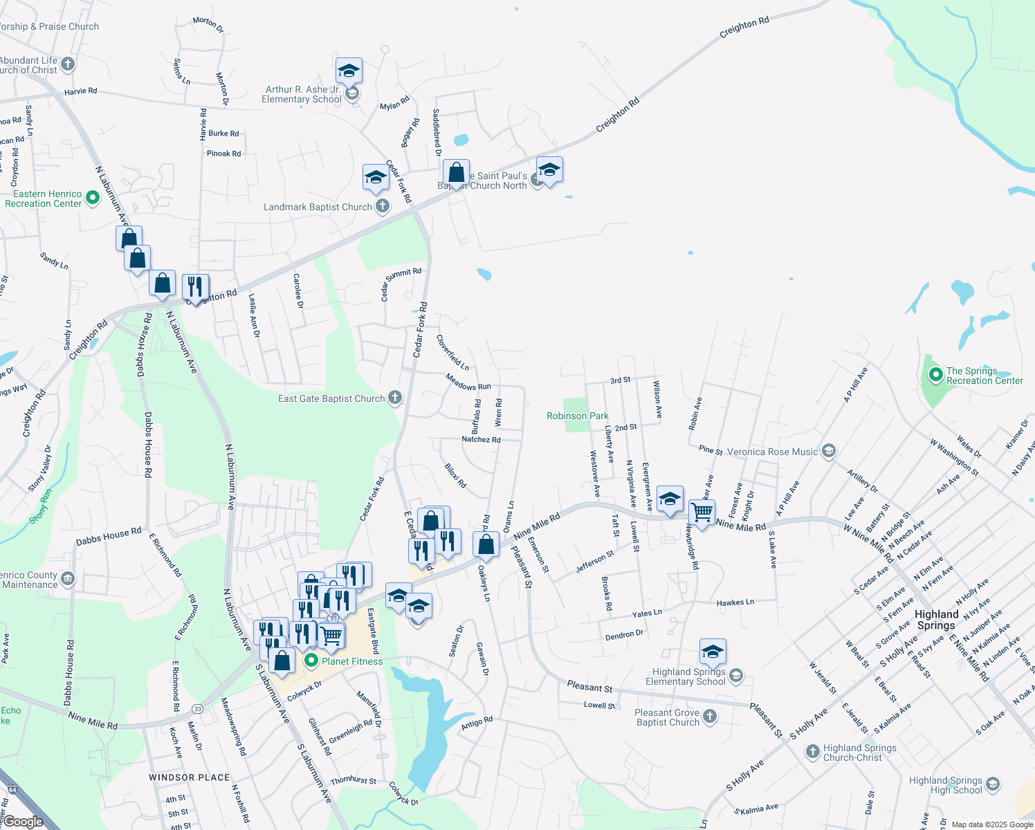 map of restaurants, bars, coffee shops, grocery stores, and more near 208 Orams Lane in Richmond
