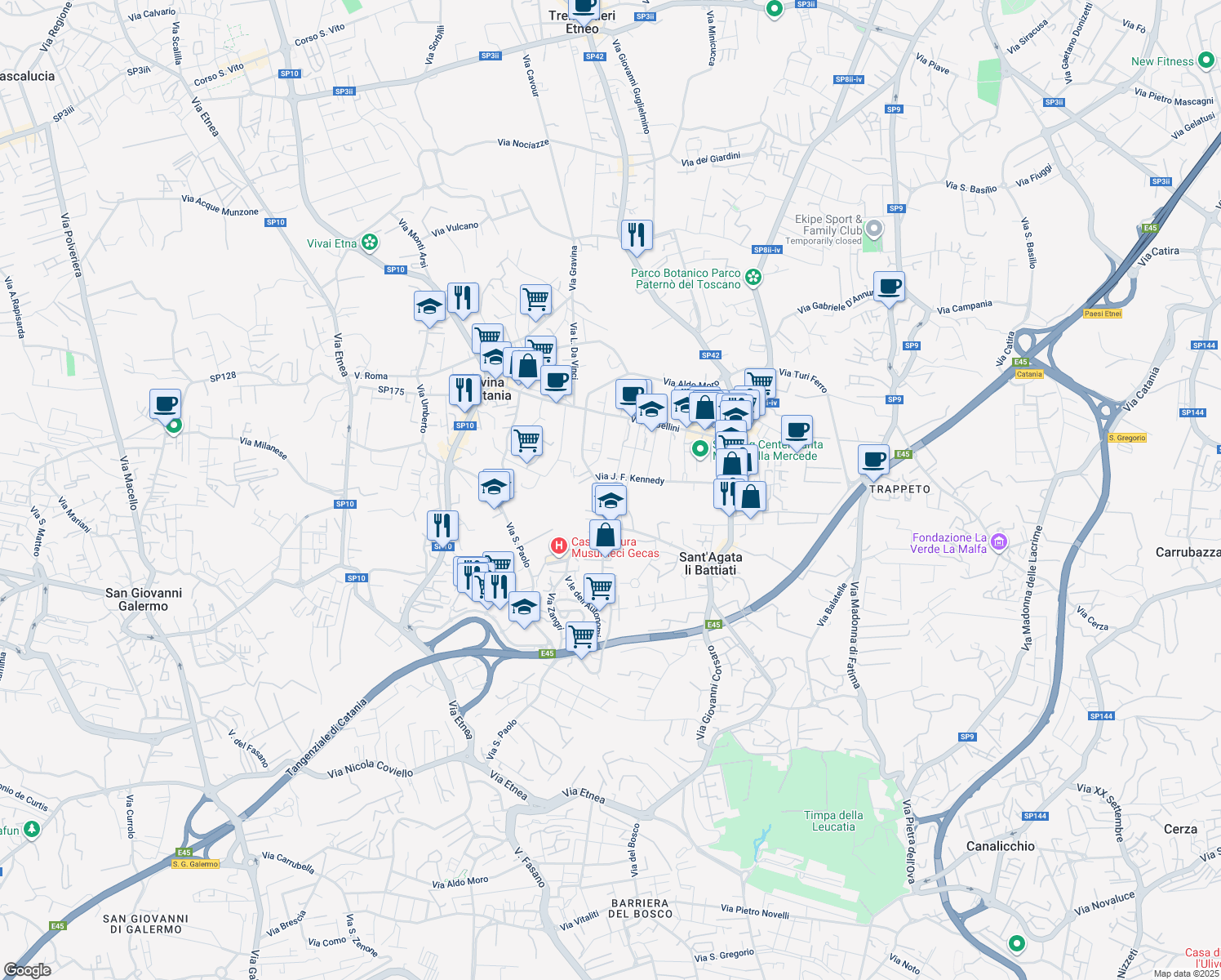 map of restaurants, bars, coffee shops, grocery stores, and more near 103 Via A. di Sangiuliano in Sant'Agata li Battiati