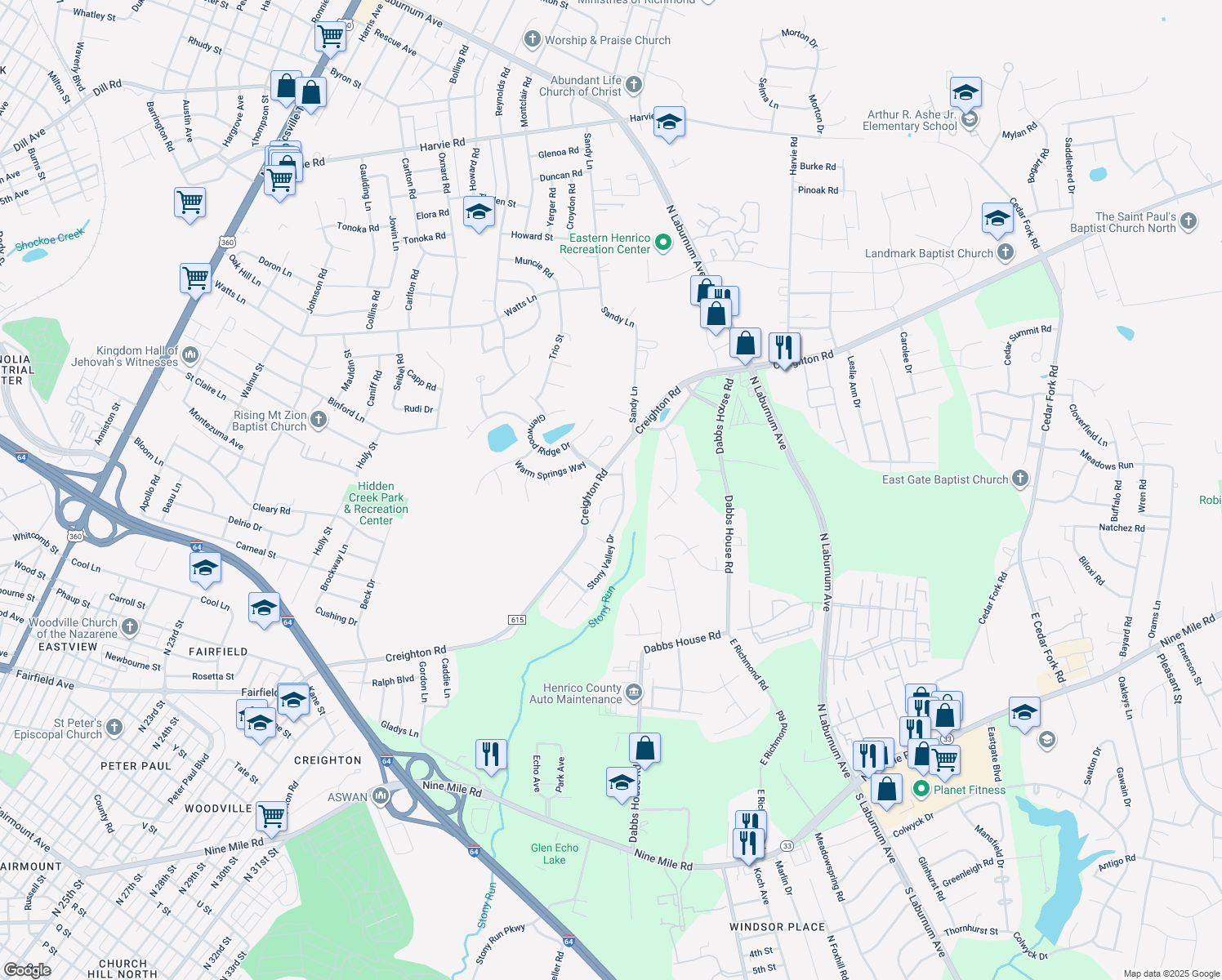 map of restaurants, bars, coffee shops, grocery stores, and more near 3228 Arthurwood Place in Richmond