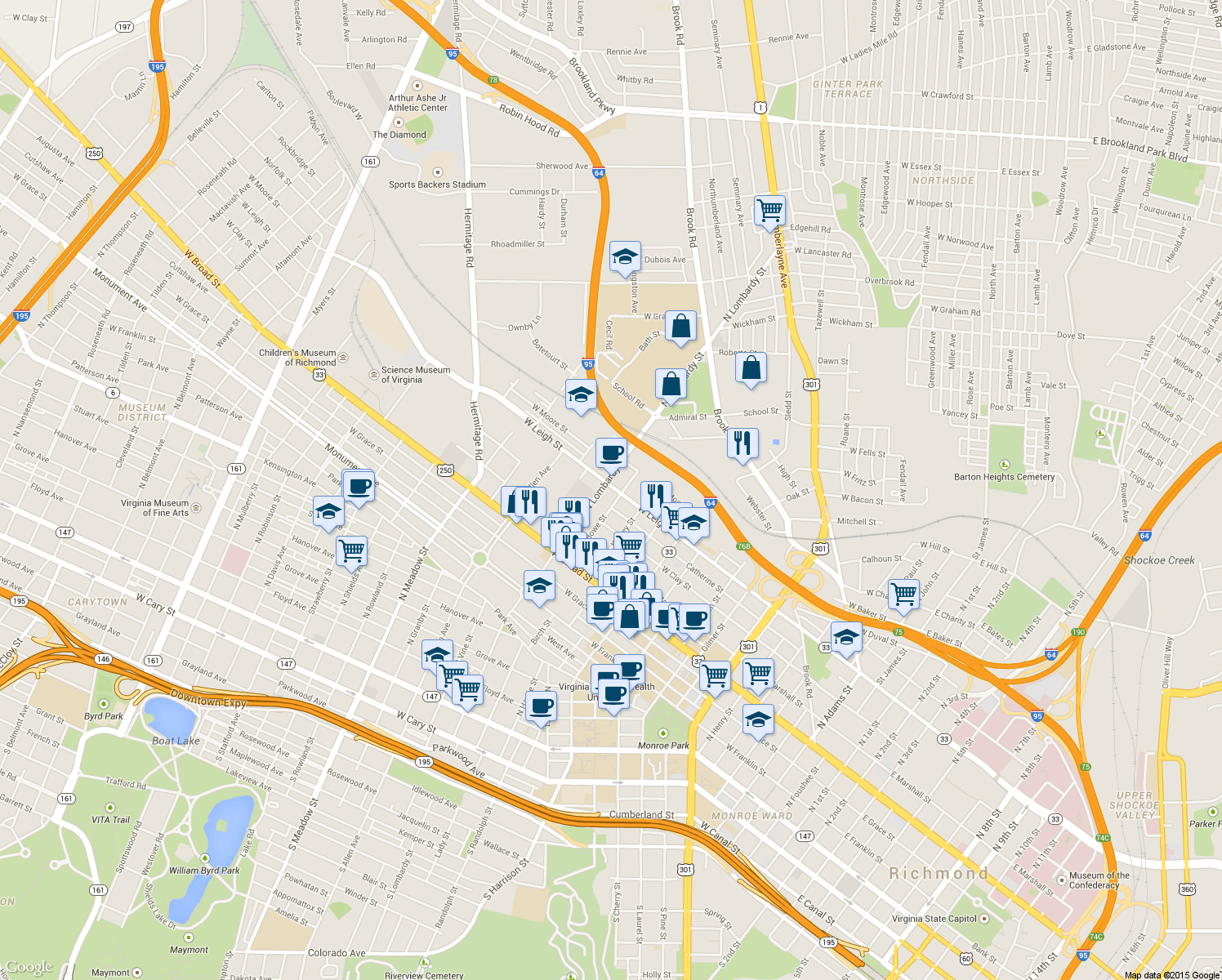 map of restaurants, bars, coffee shops, grocery stores, and more near 1513 West Leigh Street in Richmond