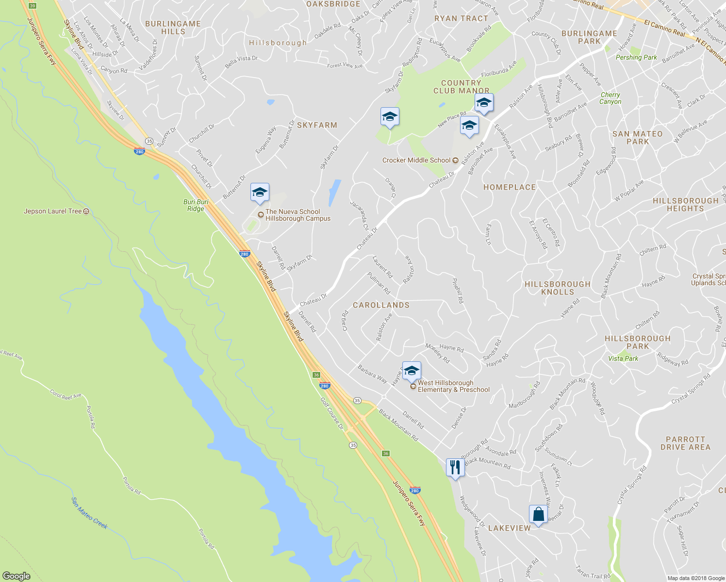 map of restaurants, bars, coffee shops, grocery stores, and more near 575 Craig Road in Hillsborough