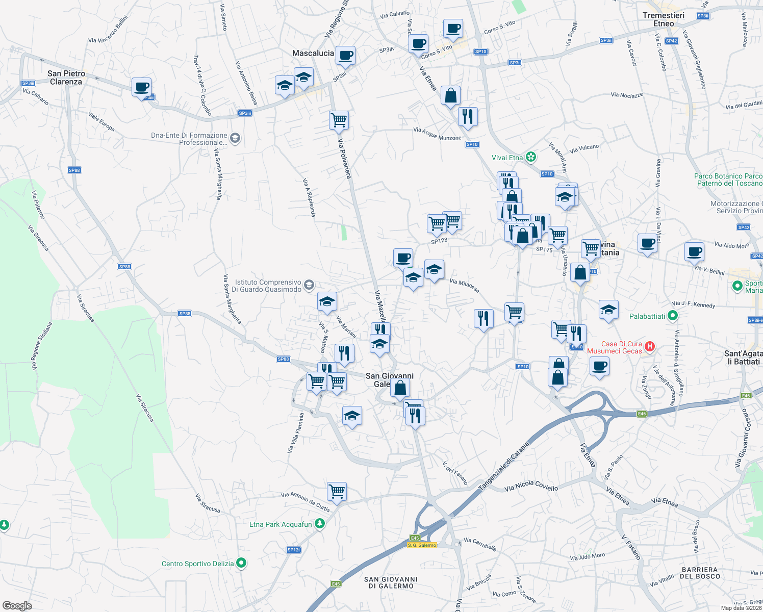 map of restaurants, bars, coffee shops, grocery stores, and more near 44 Via Macello in Catania