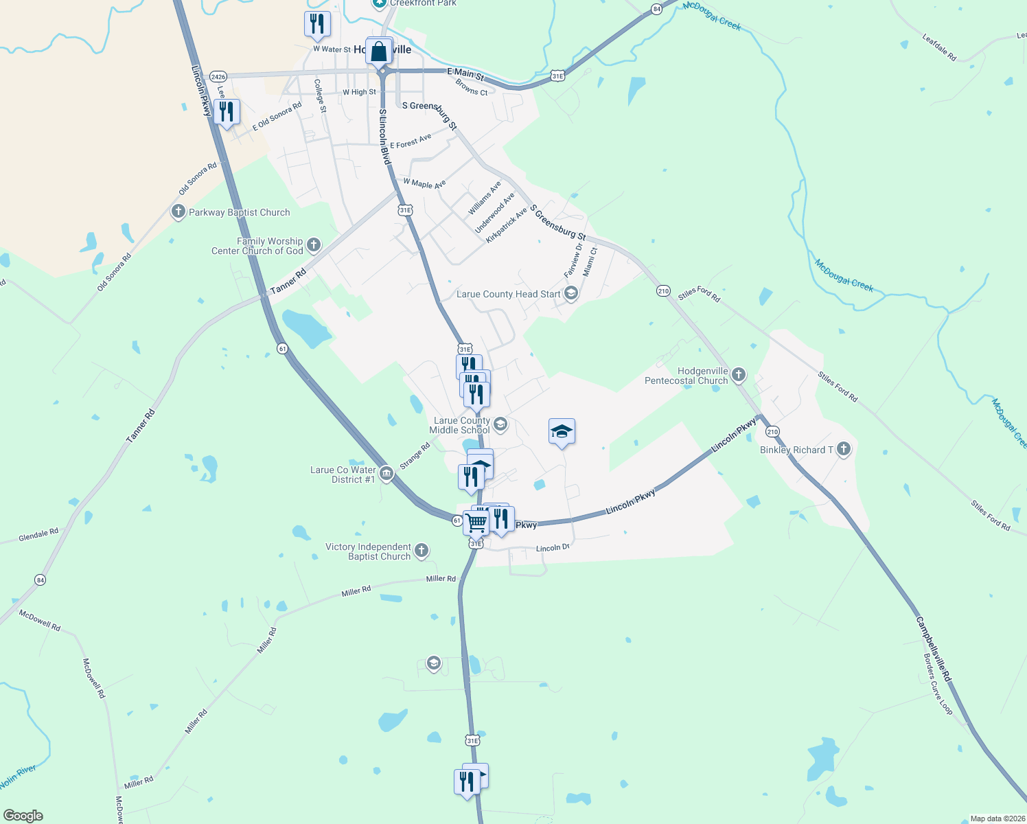 map of restaurants, bars, coffee shops, grocery stores, and more near 112 Dana Drive in Hodgenville