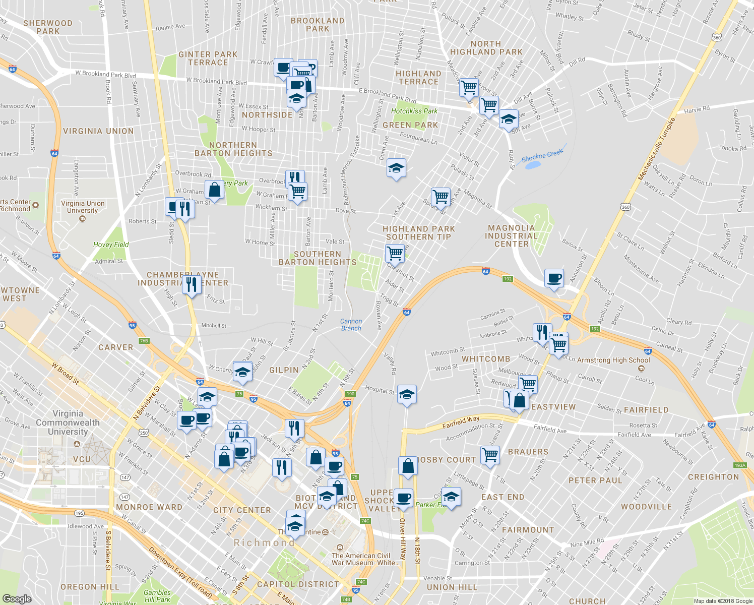 map of restaurants, bars, coffee shops, grocery stores, and more near 1606 Rowen Avenue in Richmond