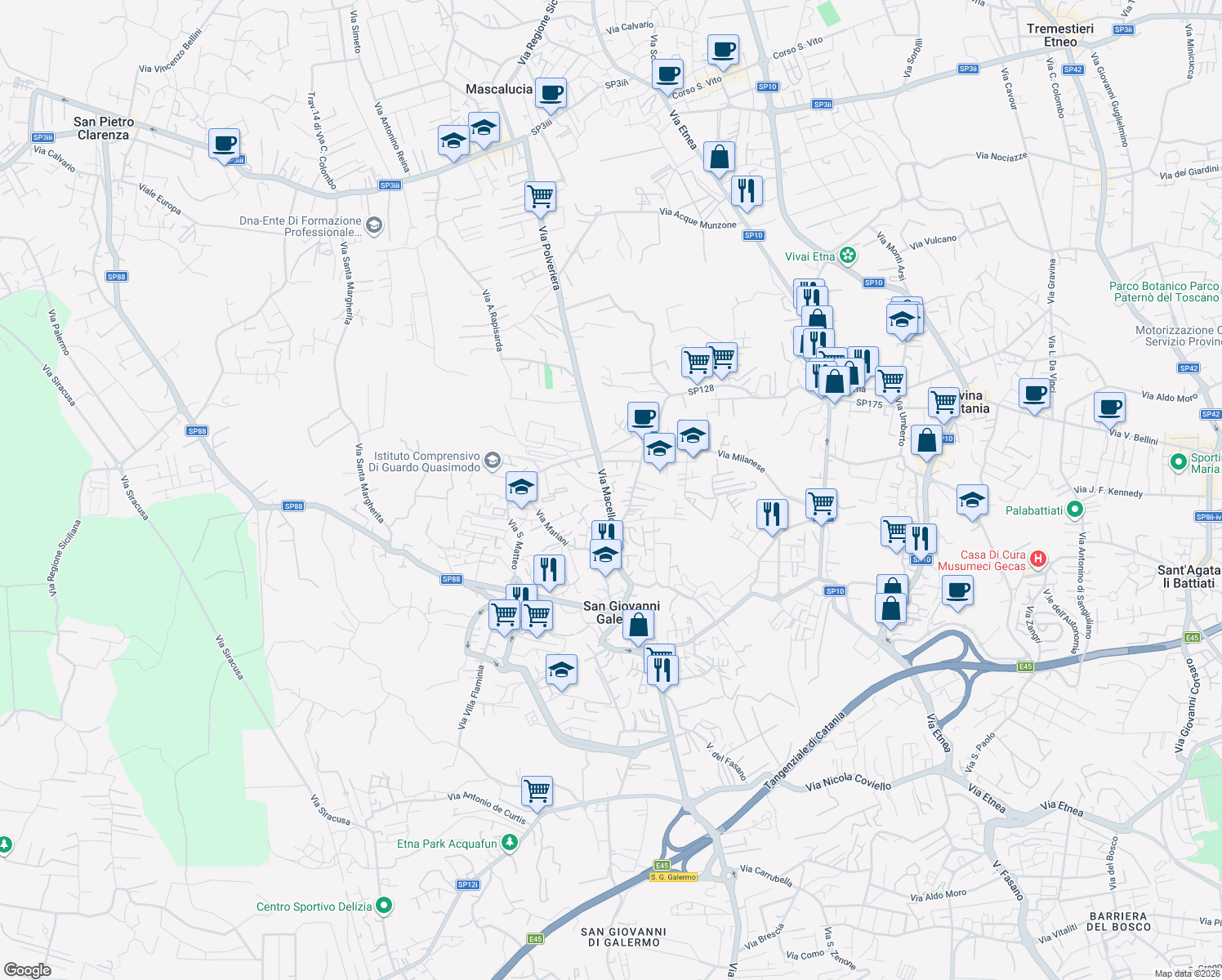 map of restaurants, bars, coffee shops, grocery stores, and more near 44 Via Macello in Catania