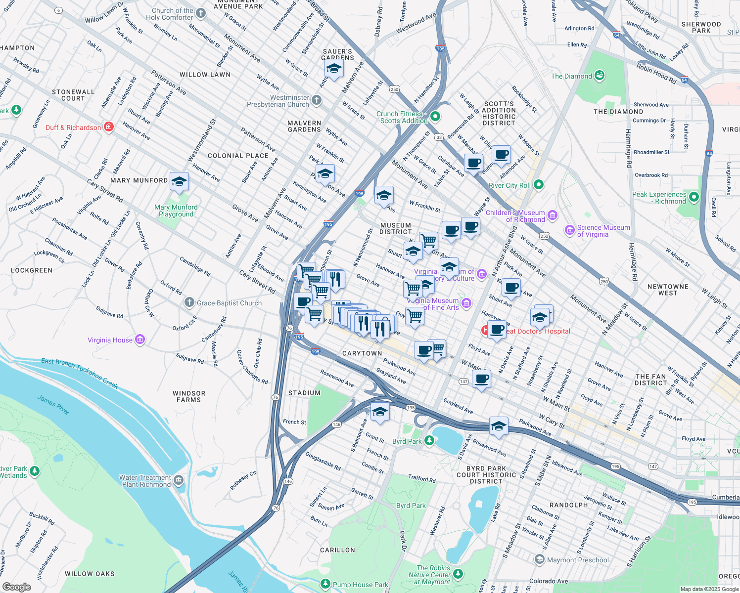 map of restaurants, bars, coffee shops, grocery stores, and more near 3316 Floyd Avenue in Richmond