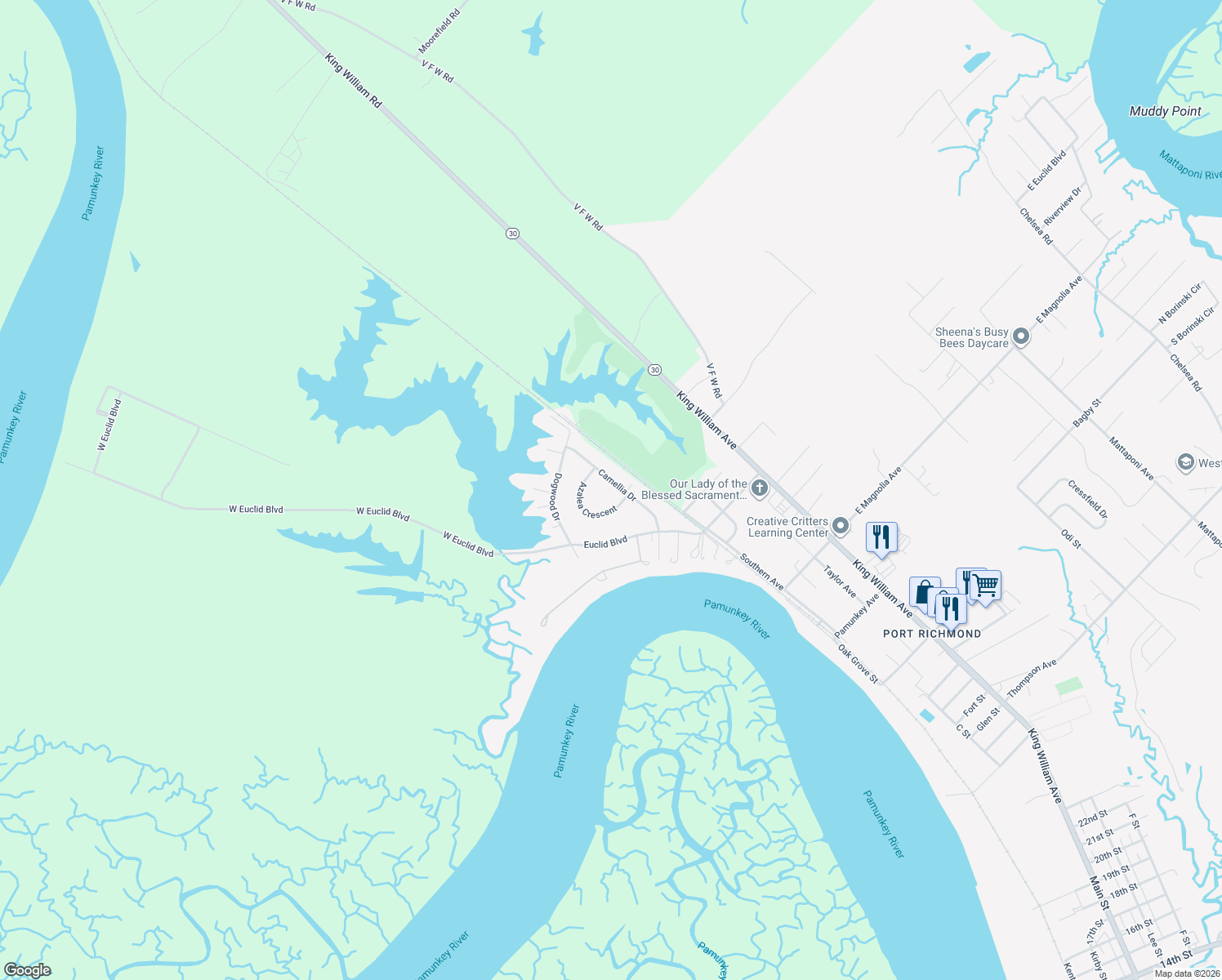 map of restaurants, bars, coffee shops, grocery stores, and more near 3950 Camellia Drive in West Point