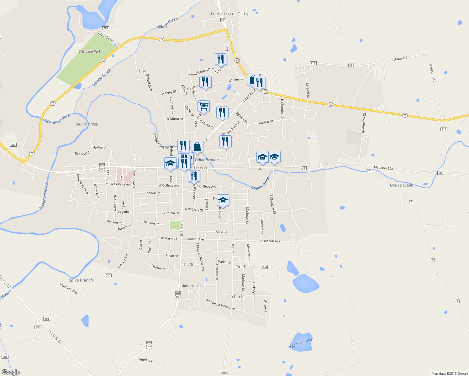 map of restaurants, bars, coffee shops, grocery stores, and more near 507 East College Avenue in Fredericktown