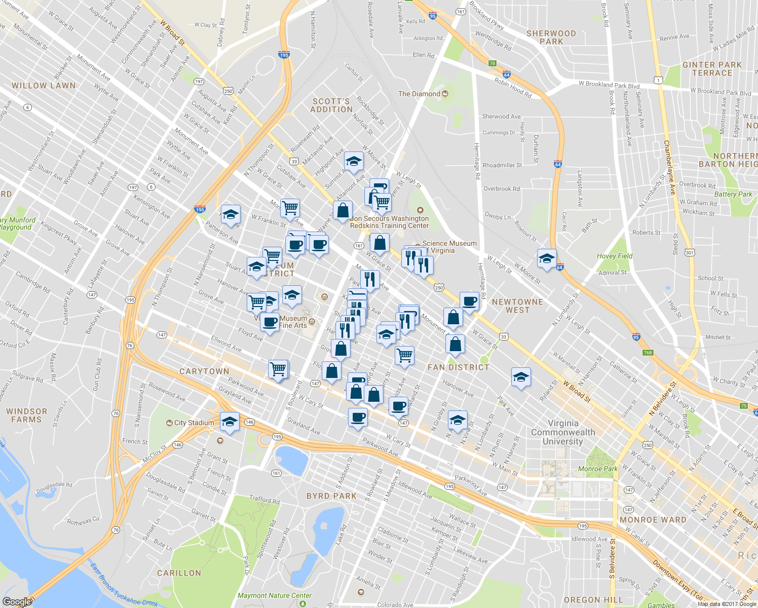 map of restaurants, bars, coffee shops, grocery stores, and more near 2511 Park Avenue in Richmond
