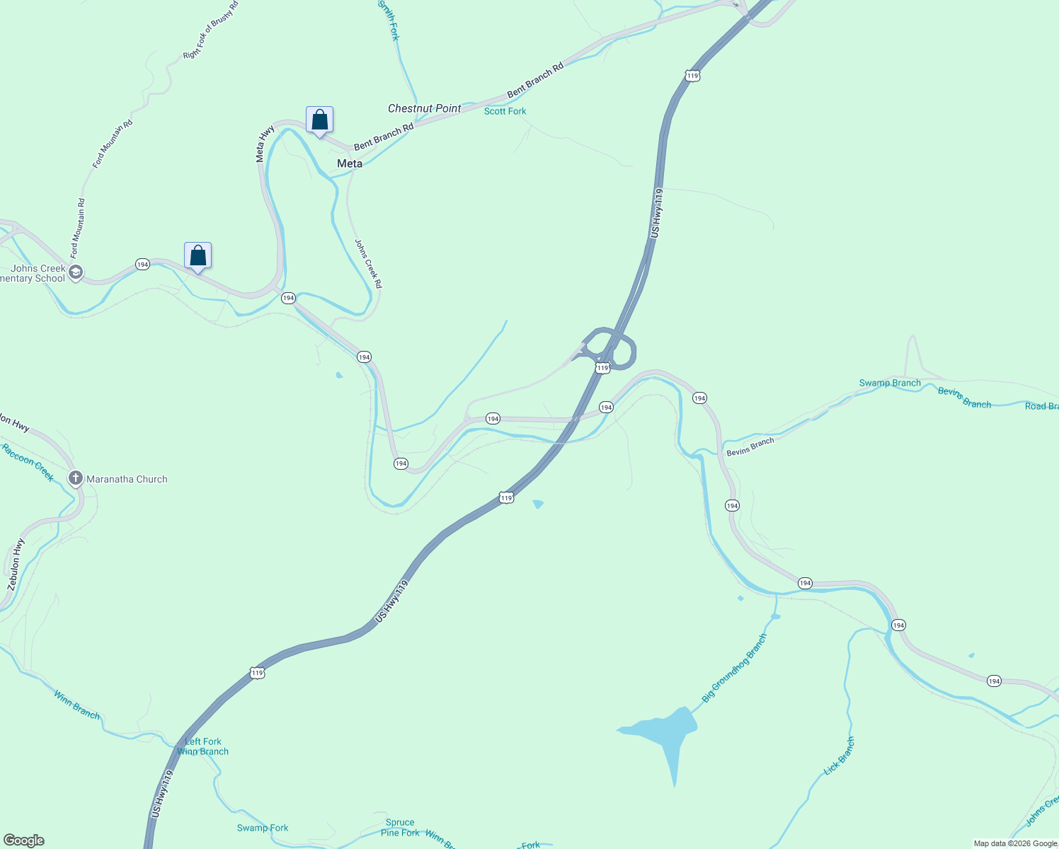 map of restaurants, bars, coffee shops, grocery stores, and more near 1360-1538 Highway 194 in Pikeville