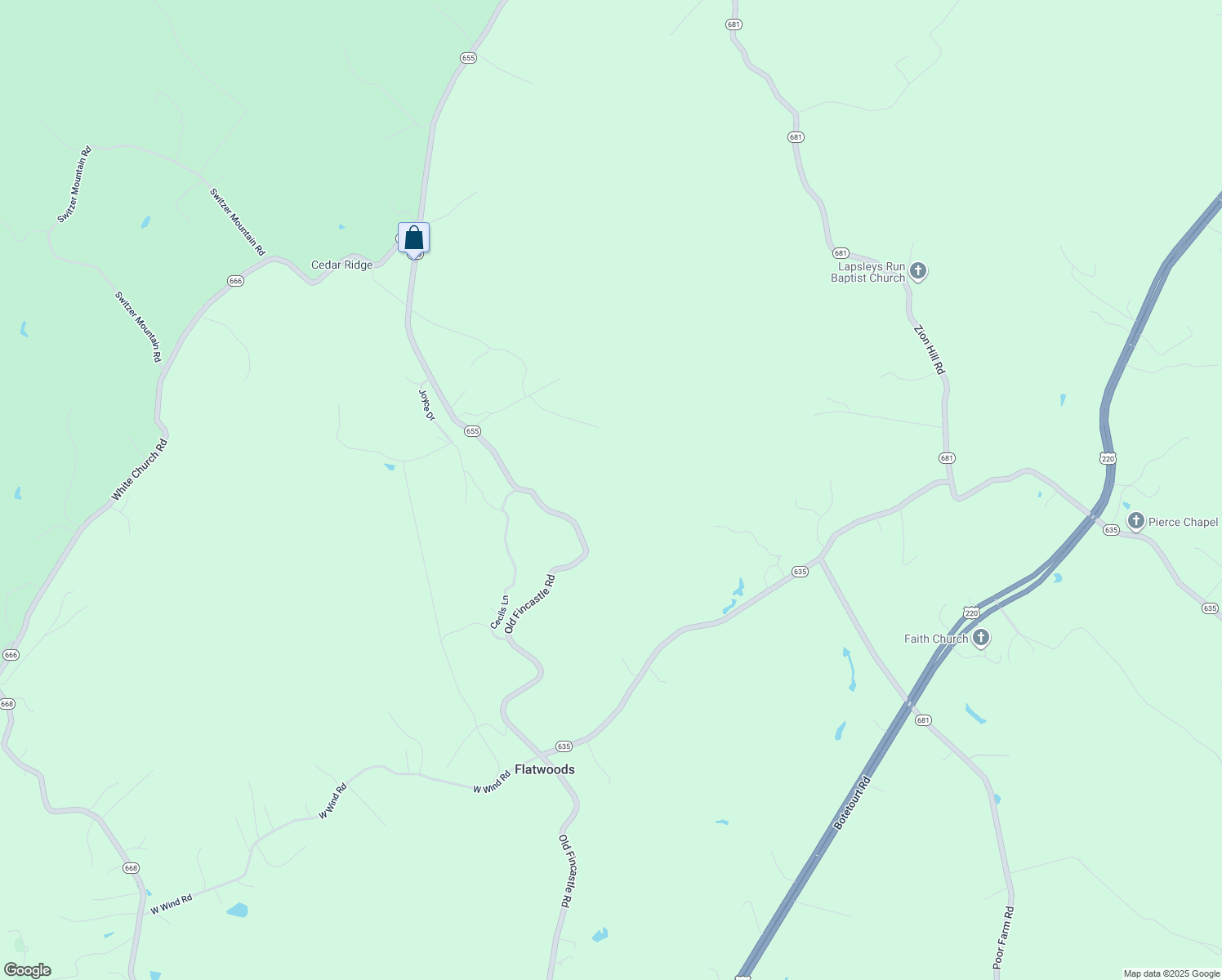 map of restaurants, bars, coffee shops, grocery stores, and more near 1138 West Wind Road in Fincastle