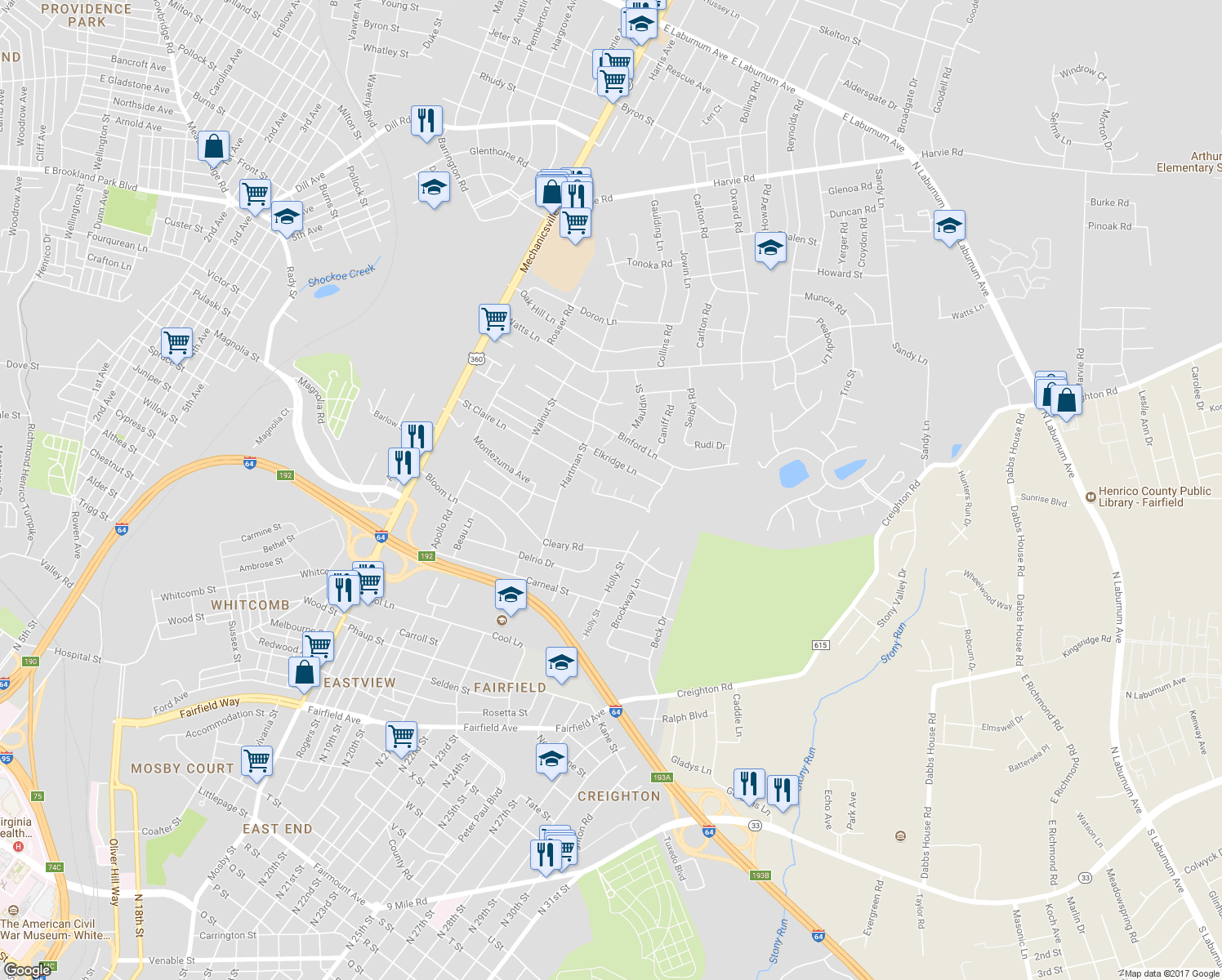 map of restaurants, bars, coffee shops, grocery stores, and more near 2706 Mount Zion Court in Richmond