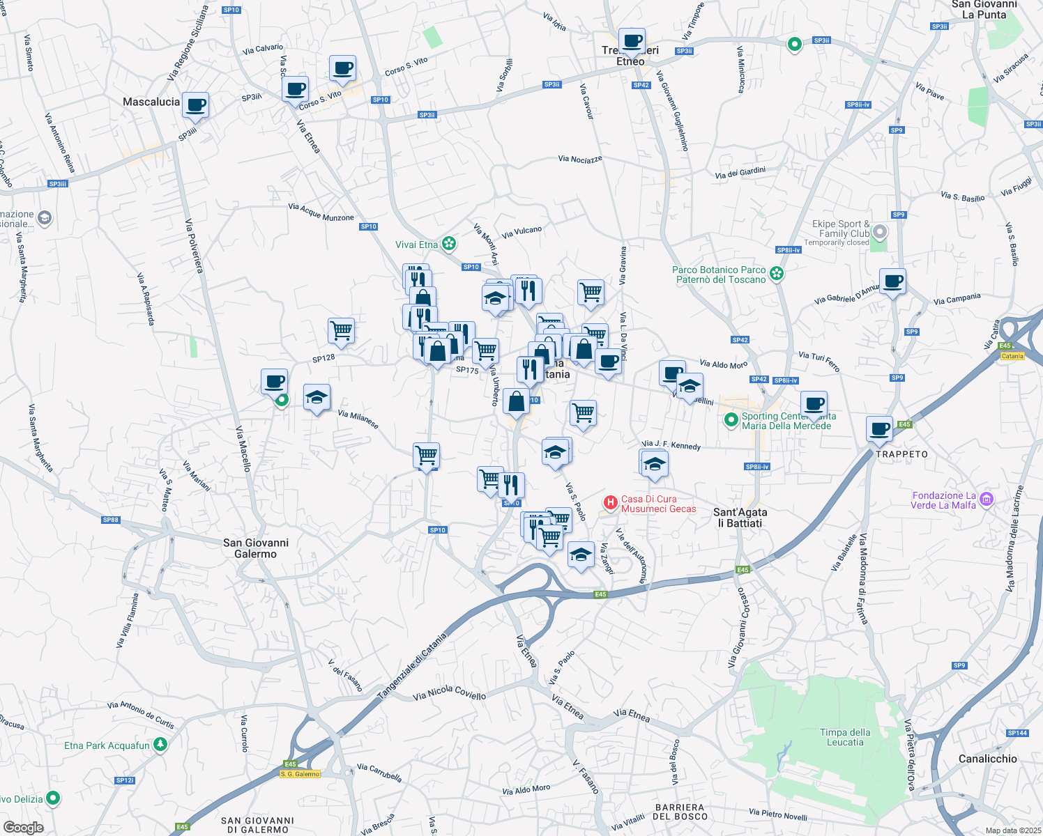 map of restaurants, bars, coffee shops, grocery stores, and more near Via Antonio Gramsci in Gravina di Catania
