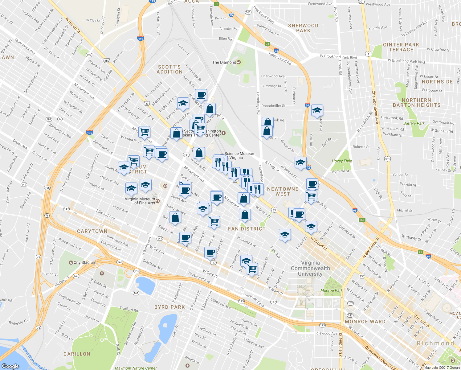 map of restaurants, bars, coffee shops, grocery stores, and more near 2238 West Grace Street in Richmond