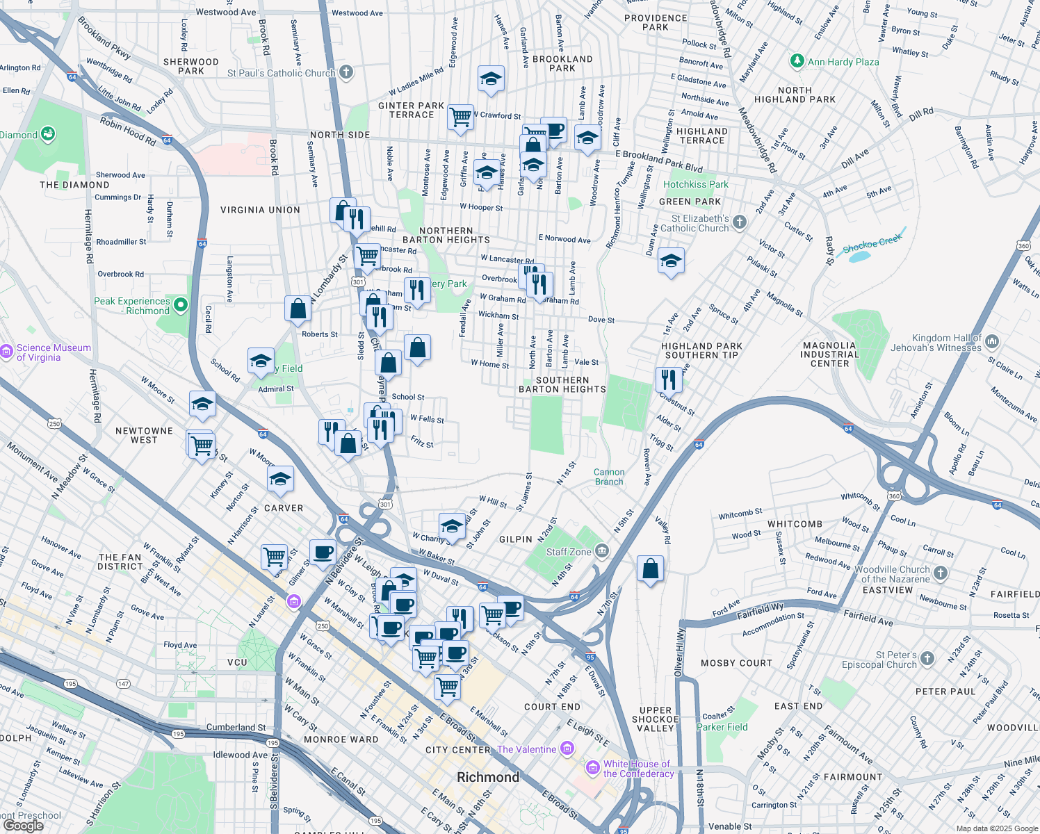 map of restaurants, bars, coffee shops, grocery stores, and more near 20 King Street in Richmond