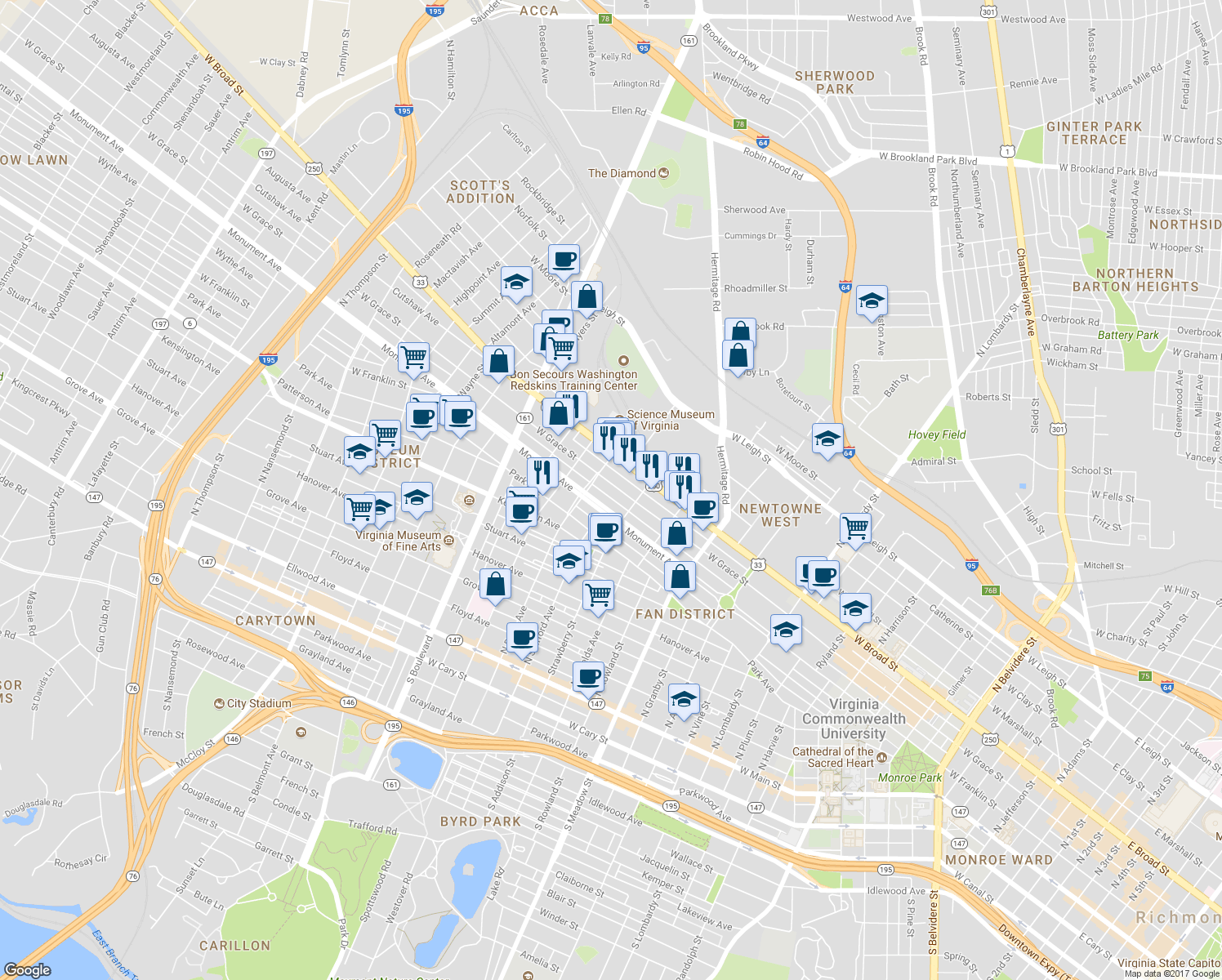 map of restaurants, bars, coffee shops, grocery stores, and more near 2327 West Grace Street in Richmond