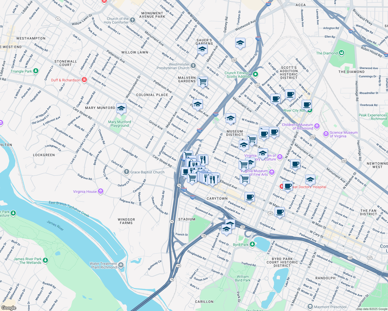map of restaurants, bars, coffee shops, grocery stores, and more near 102 North Thompson Street in Richmond