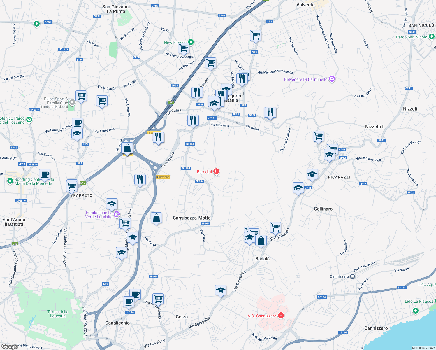map of restaurants, bars, coffee shops, grocery stores, and more near 8 Via Giosuè Carducci in Carrubazza-Motta