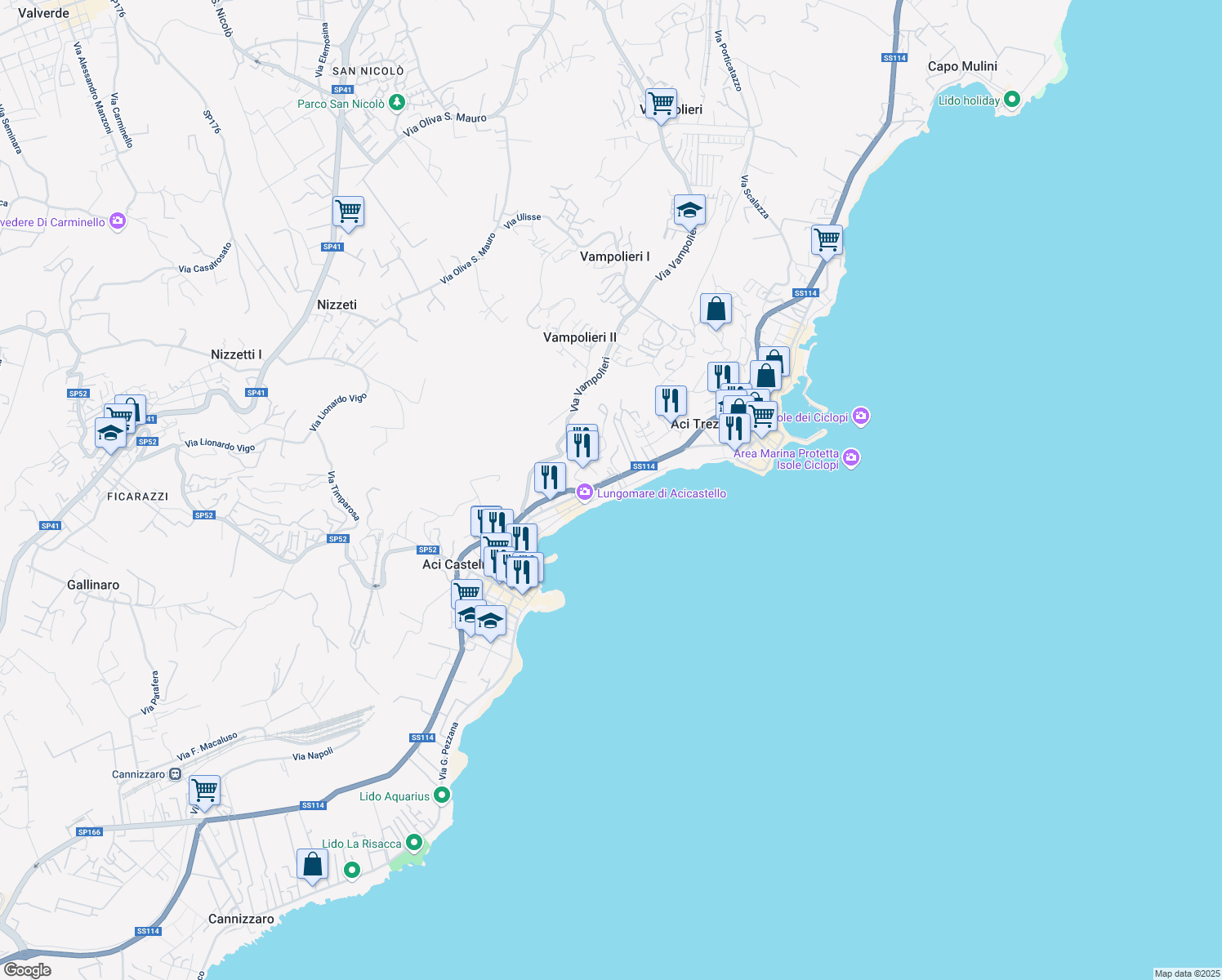 map of restaurants, bars, coffee shops, grocery stores, and more near 67 Lungomare Scardamiano in Aci Castello