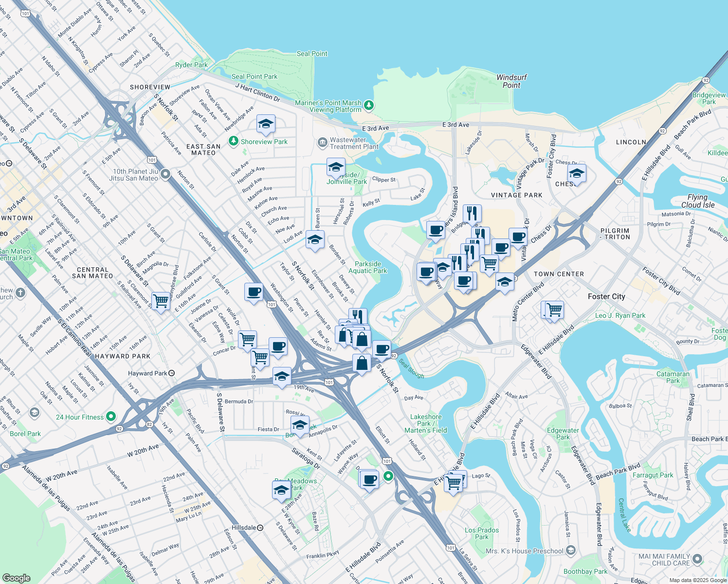 map of restaurants, bars, coffee shops, grocery stores, and more near 1558 Roberta Drive in San Mateo