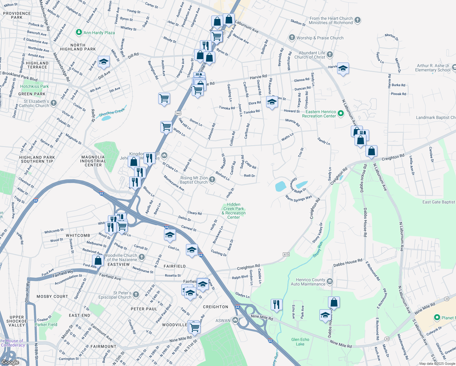 map of restaurants, bars, coffee shops, grocery stores, and more near 2143 Binford Lane in Richmond