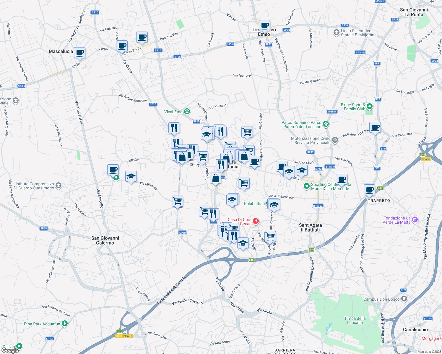 map of restaurants, bars, coffee shops, grocery stores, and more near 54A Via Antonio Gramsci in Gravina di Catania