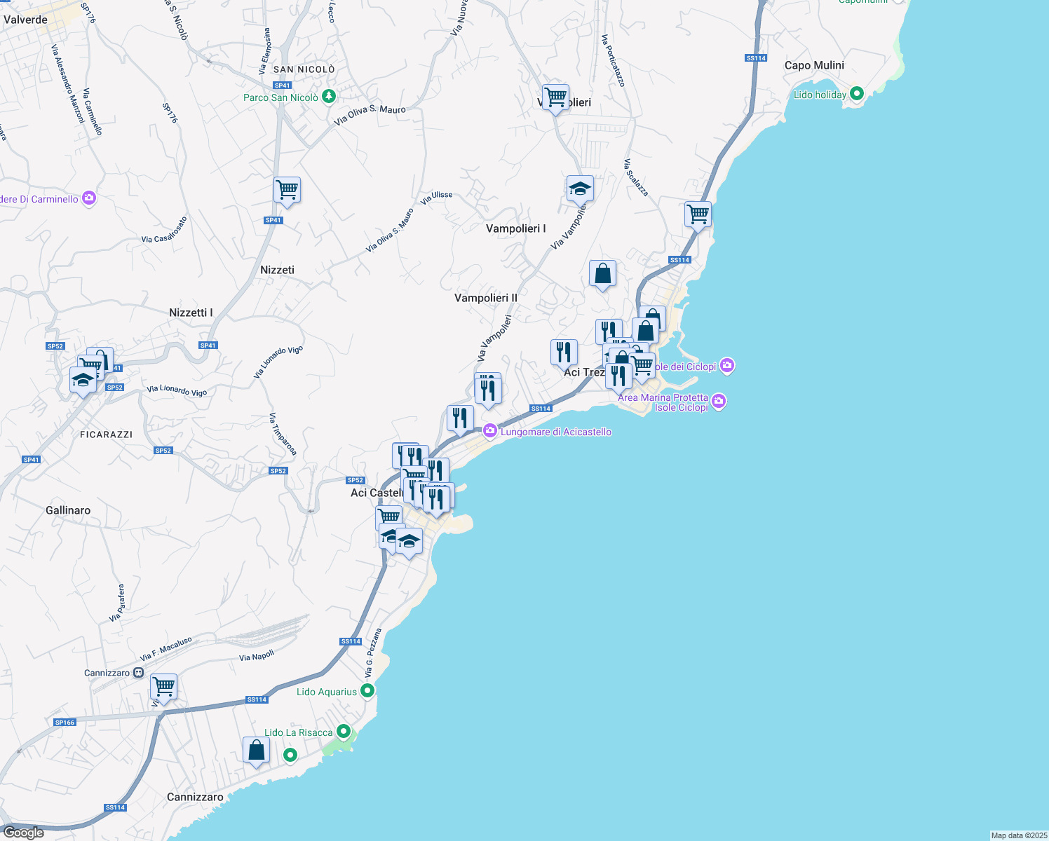 map of restaurants, bars, coffee shops, grocery stores, and more near 67 Lungomare Scardamiano in Aci Castello
