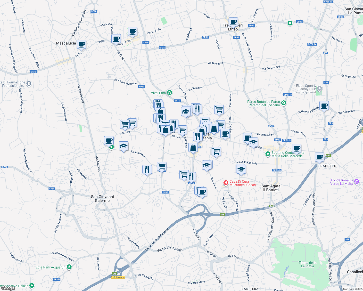 map of restaurants, bars, coffee shops, grocery stores, and more near 7 Via Strano Gianni in Gravina di Catania