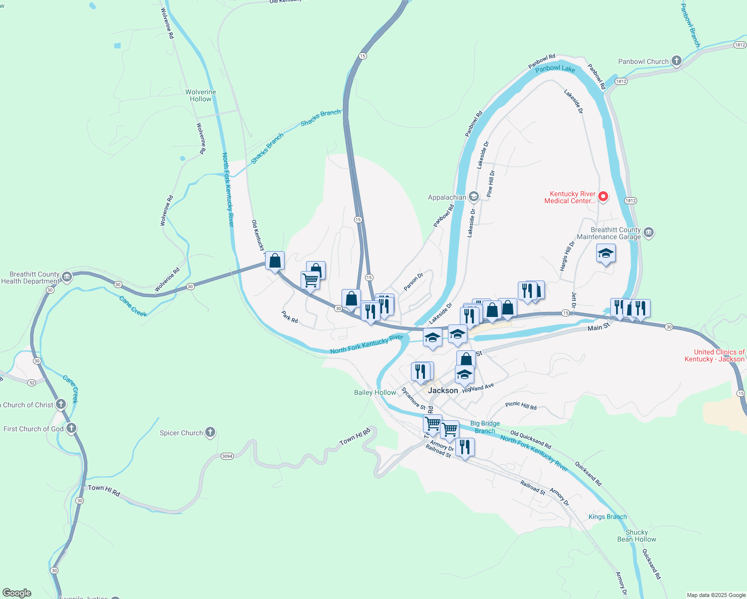 map of restaurants, bars, coffee shops, grocery stores, and more near Highway 15 in Jackson