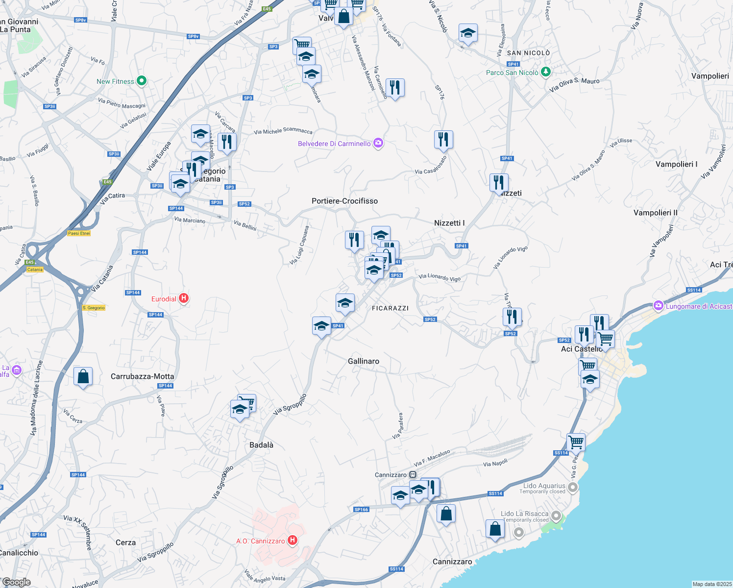 map of restaurants, bars, coffee shops, grocery stores, and more near 119 Via Tripoli in Aci Castello