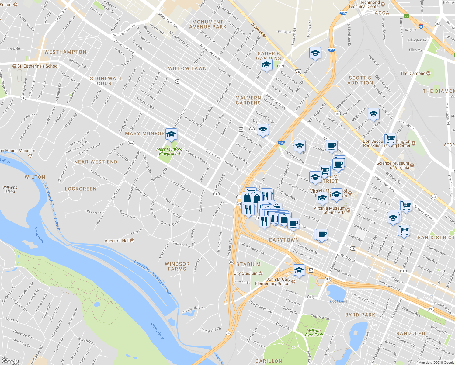map of restaurants, bars, coffee shops, grocery stores, and more near 3911 Floyd Avenue in Richmond