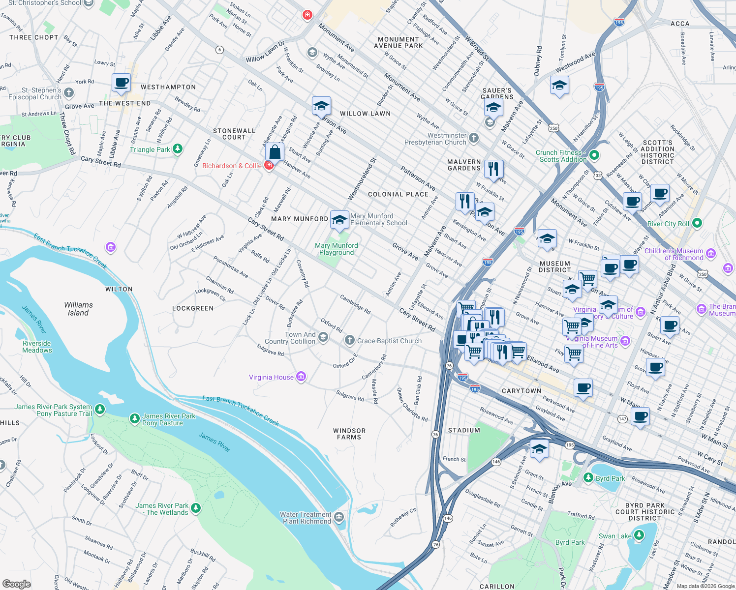 map of restaurants, bars, coffee shops, grocery stores, and more near 1 Windsor Way in Richmond