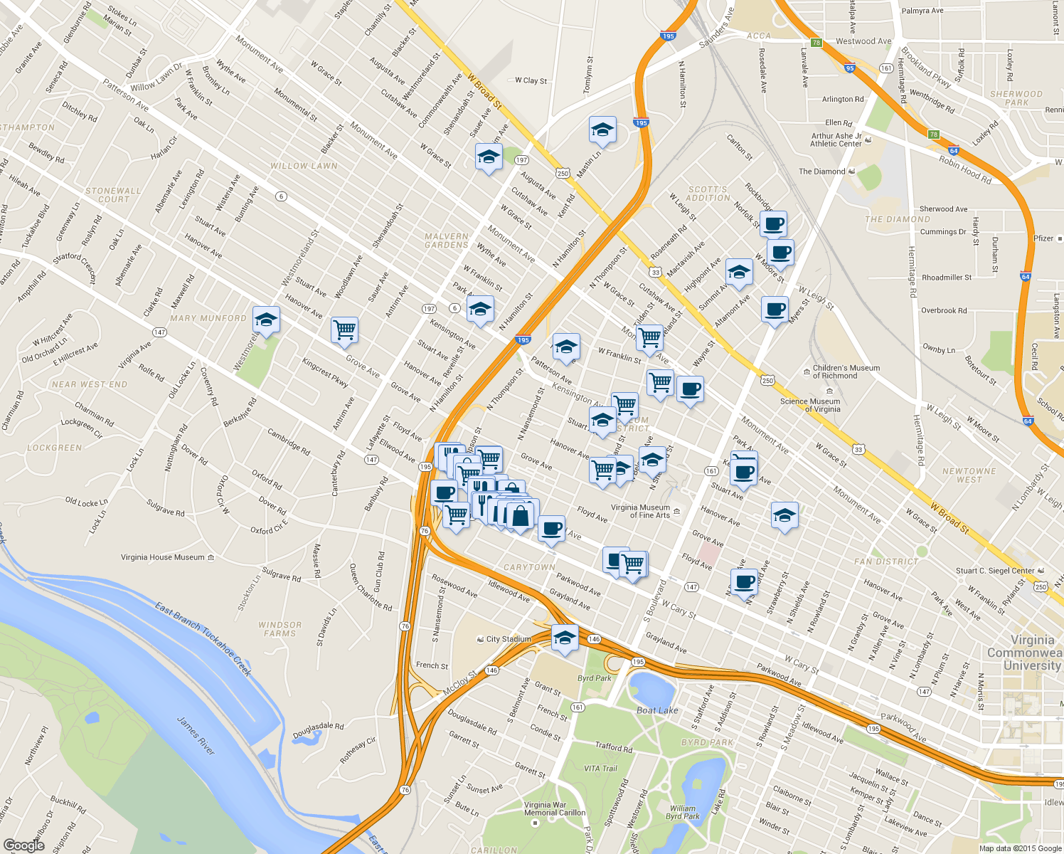 map of restaurants, bars, coffee shops, grocery stores, and more near 3436 Hanover Avenue in Richmond