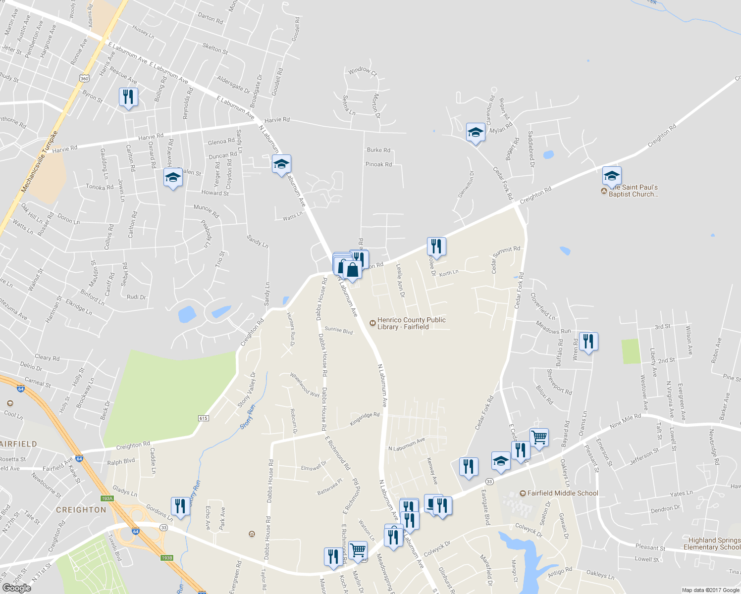 map of restaurants, bars, coffee shops, grocery stores, and more near 4002 Dominion Townes Circle in Richmond