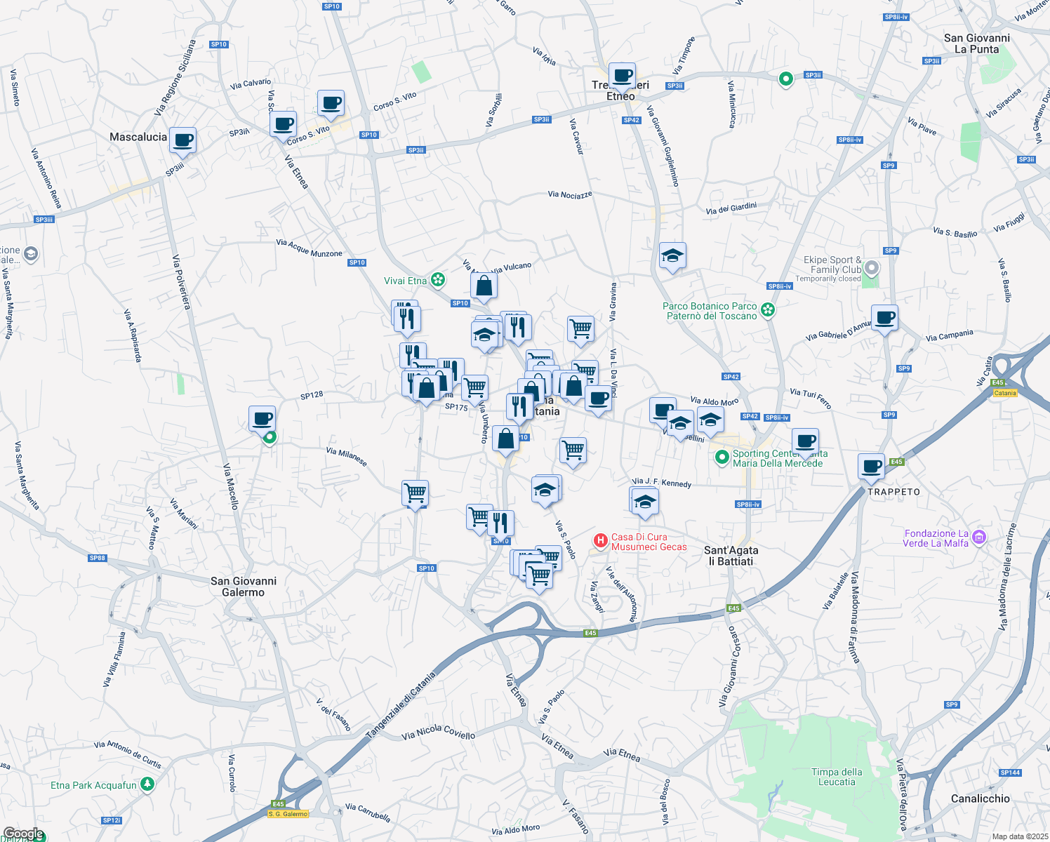 map of restaurants, bars, coffee shops, grocery stores, and more near Via Antonio Gramsci in Gravina di Catania
