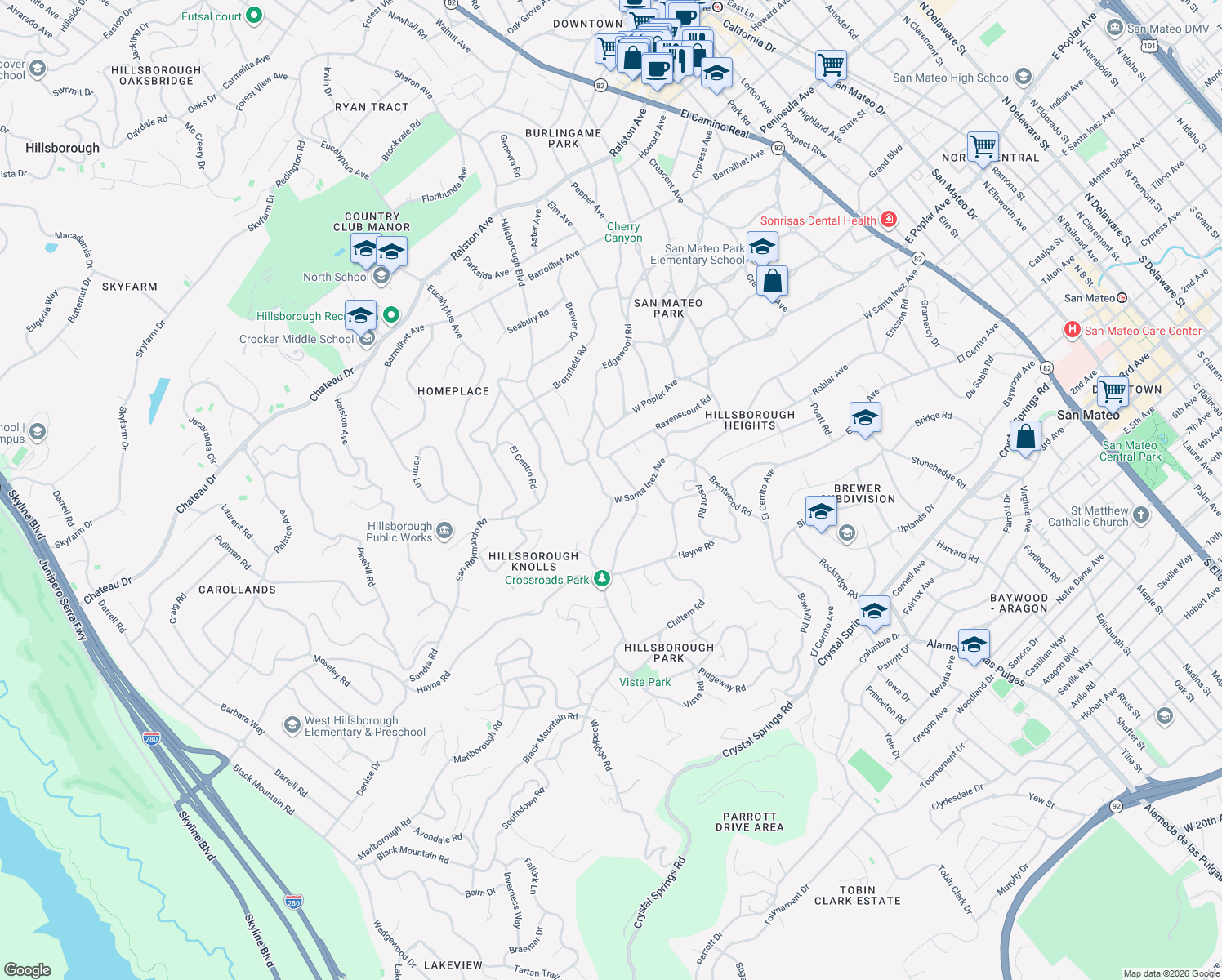 map of restaurants, bars, coffee shops, grocery stores, and more near 310 Hillsborough Boulevard in Hillsborough