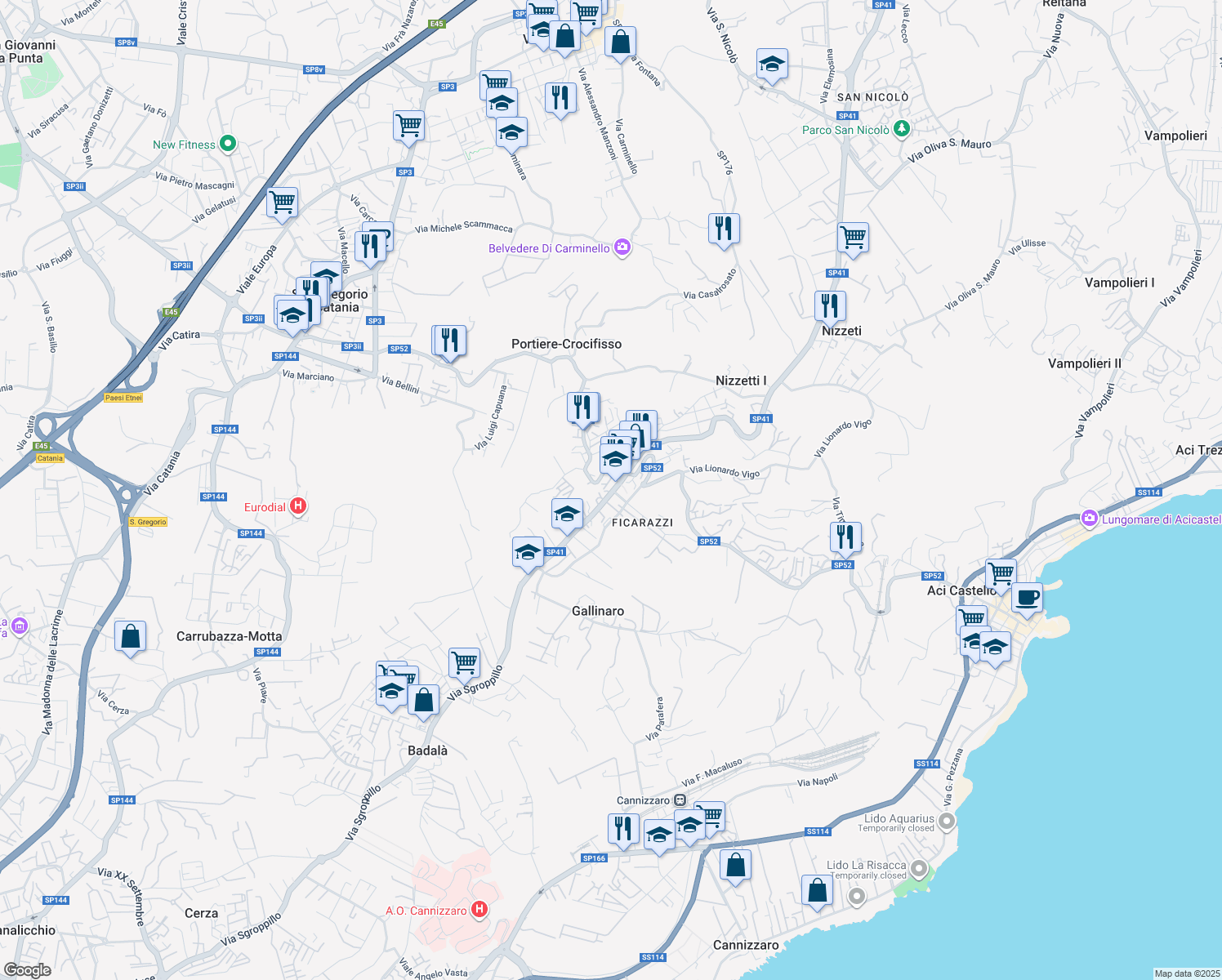 map of restaurants, bars, coffee shops, grocery stores, and more near 119 Via Tripoli in Aci Castello