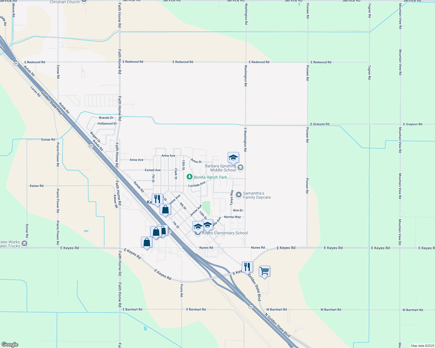 map of restaurants, bars, coffee shops, grocery stores, and more near 4730 Saundra Court in Keyes