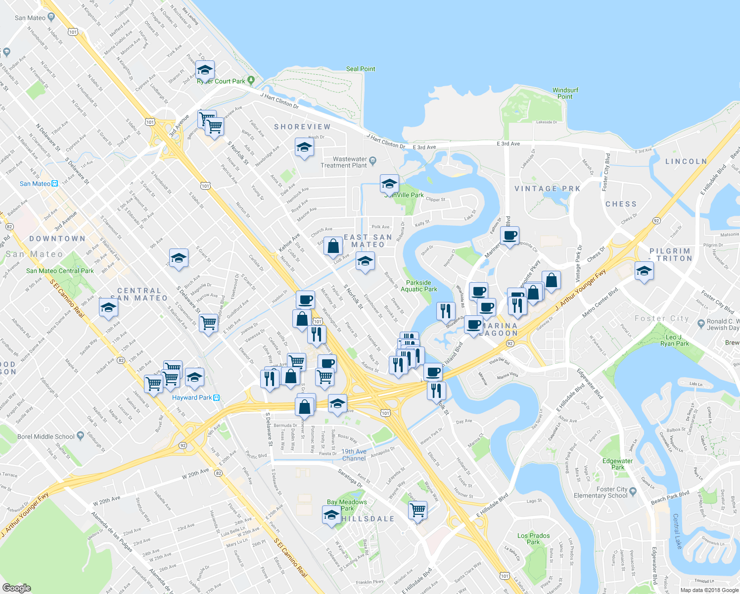 map of restaurants, bars, coffee shops, grocery stores, and more near 1701 Eisenhower Street in San Mateo