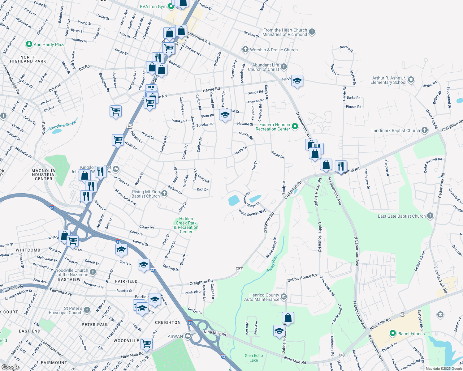 map of restaurants, bars, coffee shops, grocery stores, and more near 2628 Grand Glen Road in Richmond