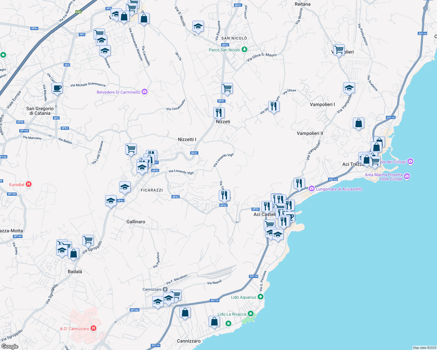 map of restaurants, bars, coffee shops, grocery stores, and more near 39 Via Timparosa in Aci Castello